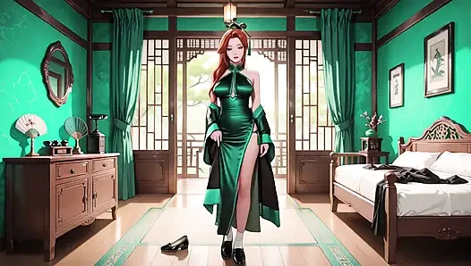 Kızıl saçlı ve zümrüt qipao! Doğu avlusunda tembel baştan çıkarma.