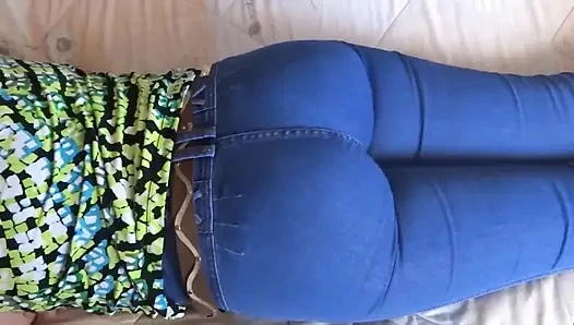 Beautiful Stepmom's Big Ass with Her Jeans on and Jeans Down, I Cum on Her Ass