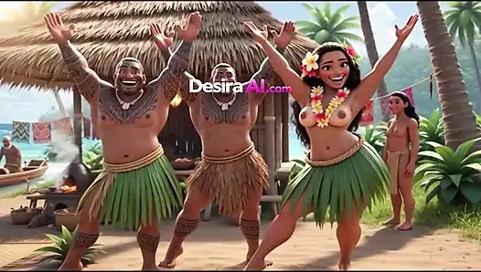 Exótica beleza hula de quatro, homens tribal assistindo suas curvas (IA Gerada)