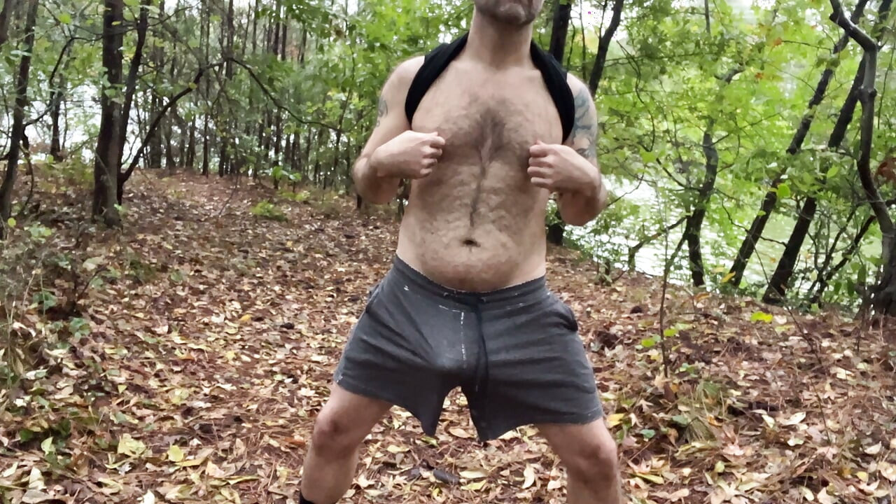 Handsome buddy jerking off by the lake at his local park exposed dick don cock penis hairy bator solo sexual