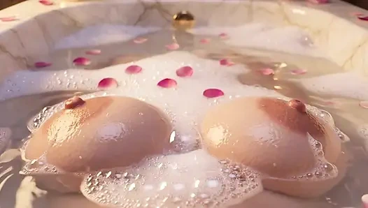 Deux femmes matures pulpeuses nues dans une baignoire de marbre luxueuse, des corps sensuels et mouillés scintillent d’eau et de bulles