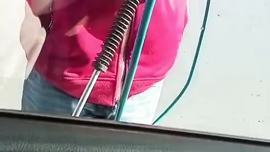 Public masturbate my pussy in the car wash, my husband's handjob in traffic! Part 1