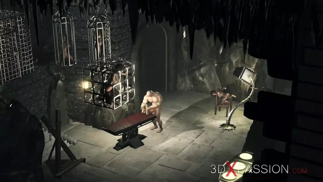 Güzel kız genç kız karanlık zindanda büyük canavar tarafından sert sikiliyor