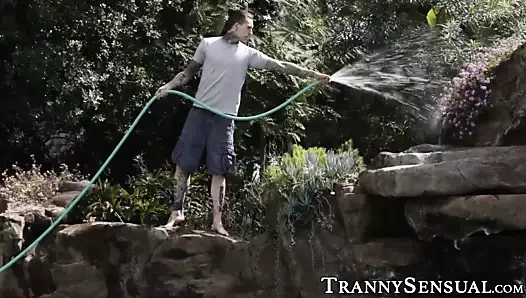 güzel transeksüel sürülmüş ve hunk tarafından kocası çalışan