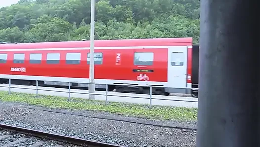 Beautiful blonde fucks finds and rides huge cock inside train station