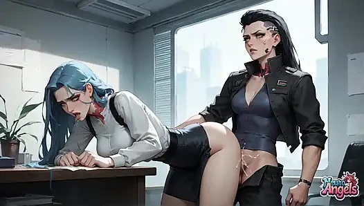 Nöro melekler: kremsi ofiste fışkırtarak sırılsıklam mavi saçlı tanrıça