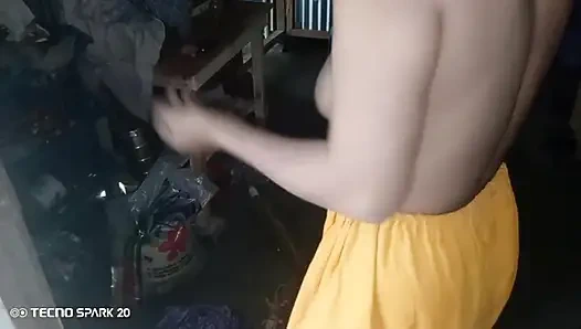 Girl Sweeping the Yard Naked in the Rain - Outdoor Scene