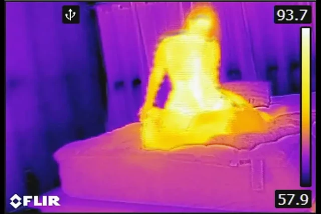 Bir FLIR termik görüntüleyiciyle oynuyoruz ve saksodan sonra göğüslerime ateşli bir döl emiyor