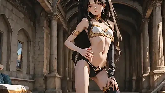 Alacakaranlıkta tapınakta yavaşça kıyafetlerini çıkarıyor