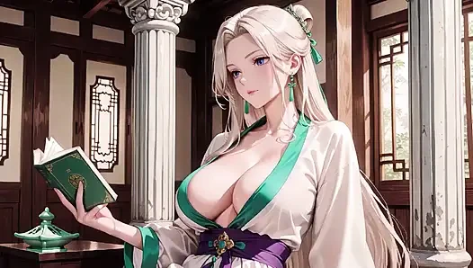 Beyaz Kimono hizmetçi! Japon koridorunda diz çöküyor, güneşin altında ıslak kalçaları ortaya çıkaran büyük yarık.