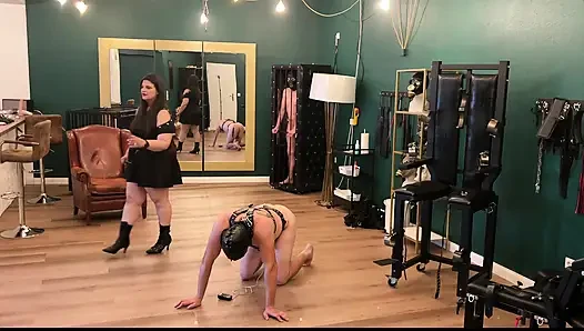 Olgun lateks dominatrix tasmalı çıplak kölelere komut veriyor