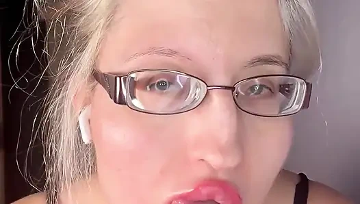 Cuckold Private Cam Worship - Goddess in Thick Eyeglasses, Wet Lips and Tongue Deep-throating Dildo While Teasing Tits for Cuck