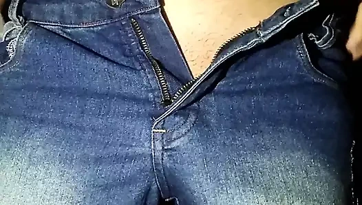 Young man was wearing jeans without underwear he got home and went to show off his body and masturbate his big thick cock