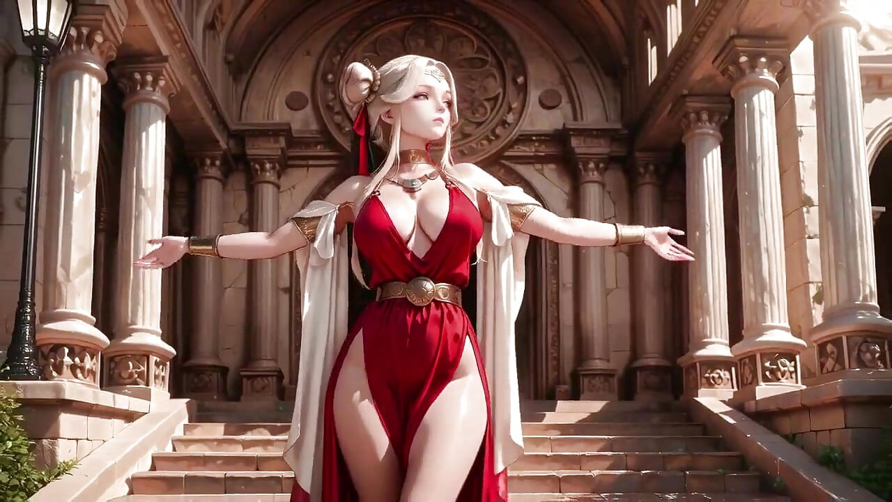 Red Angel Descends! Grand hall x yatak odası ikilisi, sarışın serseriler diz çöküyor ve bakıyor, güneşin altında nihai tembellik.