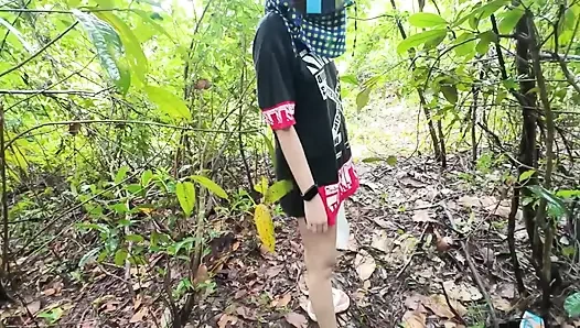 Thai Girl Walking Showing Along the Side of the Field Road in the Countryside Thai Outdoor Public