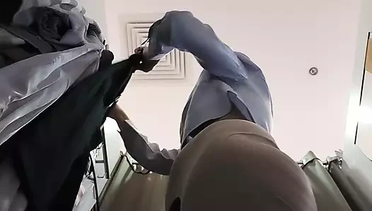 Amateur wife trying on clothes. hairy pussy, sexy brunette, big ass, sexy clothes, panties, socks, shorts, panties.