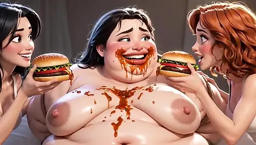 Yemekle kaplı obez çirkin köle - muhteşem sahibeler tarafından aşağılanıyor