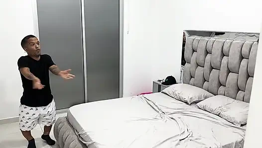Muscular Latin man with huge cock penetrates Latin girl's pussy tightly until he cums inside her.
