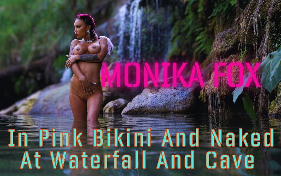 Pembe bikinili Monika Fox şelale ve mağarada çıplak