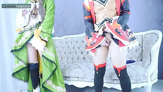 Cosplay yetişkin kadın iki partnerle üçlü seks grup sahnesi