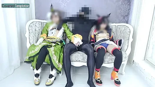 Cosplay yetişkin kadın iki partnerle üçlü seks grup sahnesi
