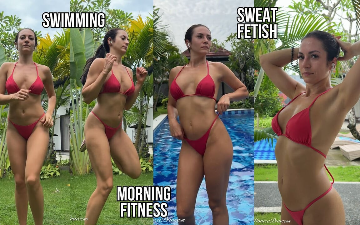 Ateşli bikinili sabah fitnessı, terleme, yüzme