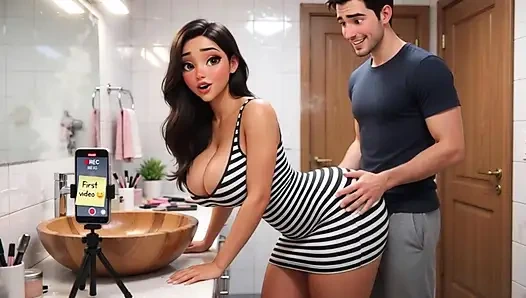 Tombul kadın ve erkek arkadaşı ilk samimi videolarını evde banyoda tek başına kaydediyor (yapay zeka oluşturuldu)