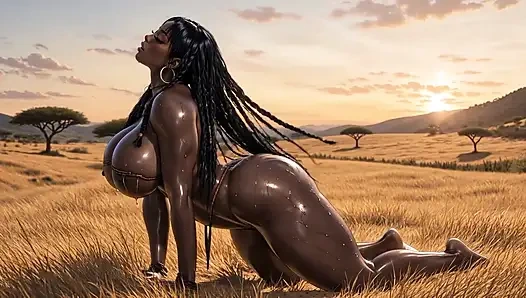 Savan çamuruyla kaplı şehvetli zenci Afrikalı tanrıçalar büyük göğüslerden süt püskürtüyor erotik gün batımı sahneleri