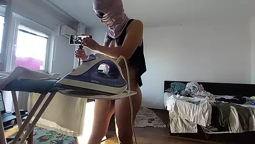 Amateur wife does housework naked. Brunette with hairy pussy, big ass.