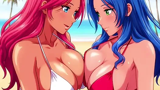 Two busty girls enjoy lesbian sex at private beach vacation