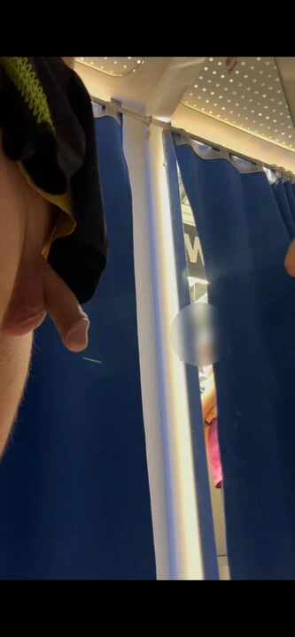 BeENJoY - fitting of naked swimsuits with the curtain open - catches 2 times. A grandpa has watched me openly and I show him my cock