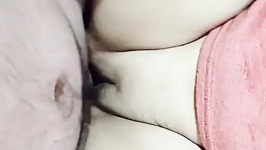 Stepsister puts her cute feet on my shoulders to penetrate her rich shaved pussy.