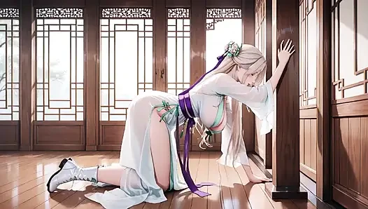 Beyaz Kimono hizmetçi! Japon koridorunda diz çöküyor, güneşin altında ıslak kalçaları ortaya çıkaran büyük yarık.