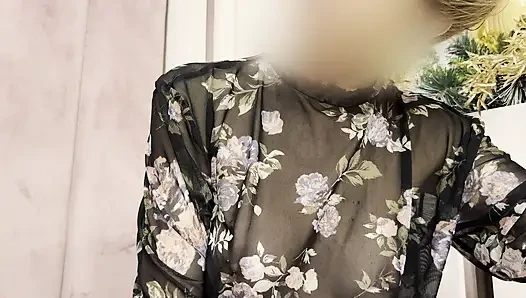 Trying my new sheer blouse in a caffe, showing my hard pierced nipples in public.
