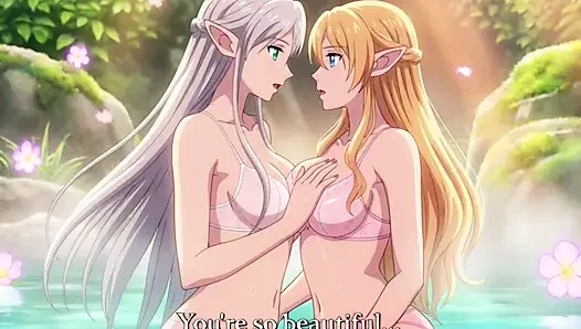 Two beautiful lesbian elves share an intimate night in a magical hot springs