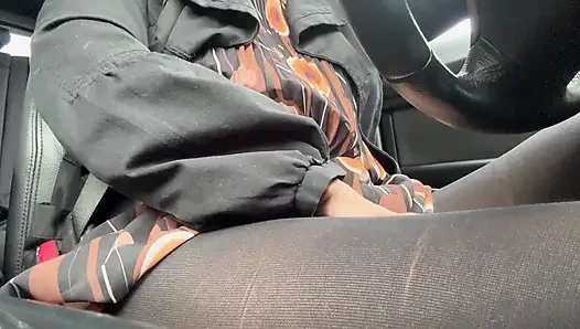 Elegant stepmom drives to the office wearing tights and a beautiful dress