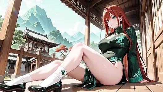 Kızıl saçlı ve zümrüt qipao! Doğu avlusunda tembel baştan çıkarma