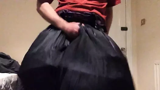 Wank jerk off in long silky skirt with hoop nice cumshot