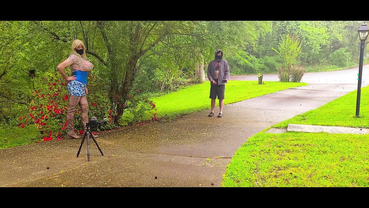 Giant fake tits crossdresser behind the scenes photoshoot in public gettting caught