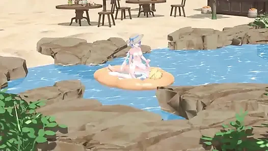 Genshin impact - ayaka, barbara ve nilou'nun aether ile gizli plaj seksi - baştan çıkarıcı inliyor - 3d nsfw animasyon
