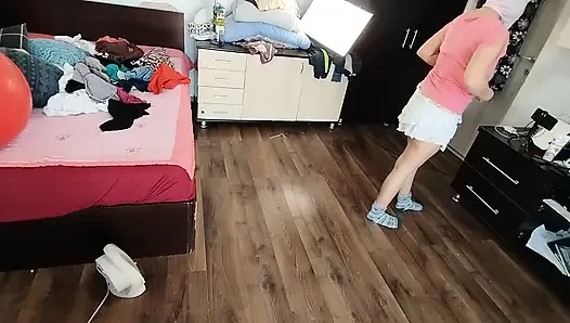 Amateur wife enjoys trying on clothes and cutting them.
