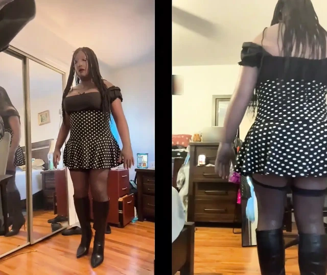 Kısa polka noktalı elbiseli zenci hatun Danae dildosunu sikiyor