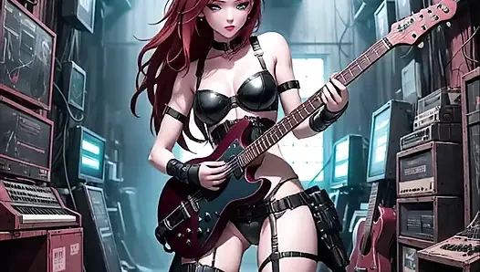 Seksi anime kızıl saçlı metal gitar ai müzik videosu çalıyor