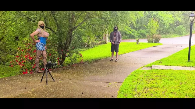 Giant fake tits crossdresser behind the scenes photoshoot in public gettting caught