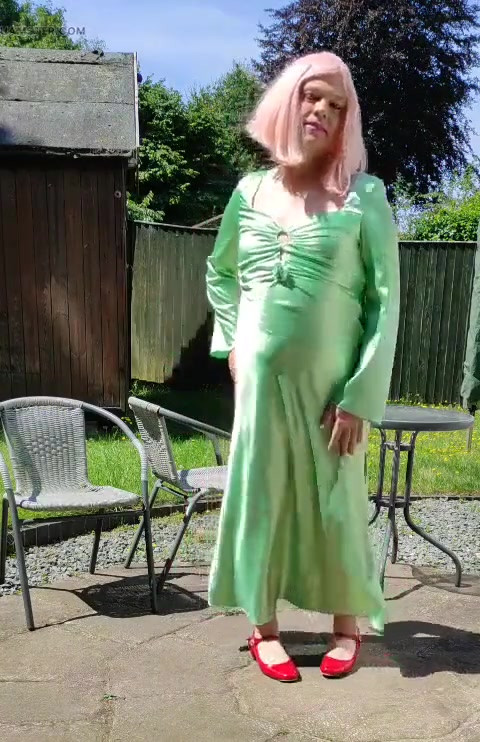 Sissy Tgirl in Sexy Green Satin Dress