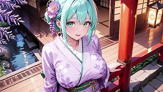 Mor kimono tanrıçası! Kırmızı Torii kapısının altındaki ıslaklığı kaldıramıyorum