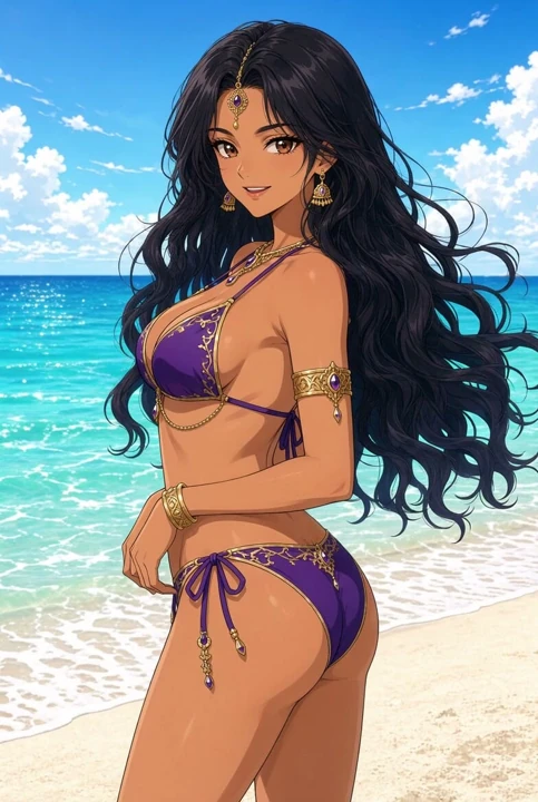 Lilavati Anime Plaj Bikini Omzunun Üzerinden Geriye Bakıyor, Saçları Dalgalanıyor