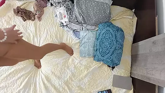 Latina with big hairy tits. Sexy brunette tries on tights, hairy pussy, big ass, big tits.