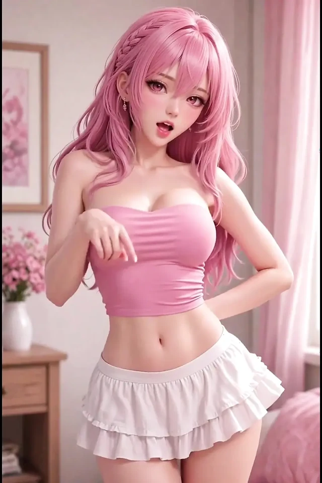 3d anime girl, in pink top and white miniskirt, pi