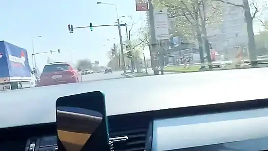 Almost caught! He jerks off in traffic in front of me, I love watching. Big cumshot! Part 1